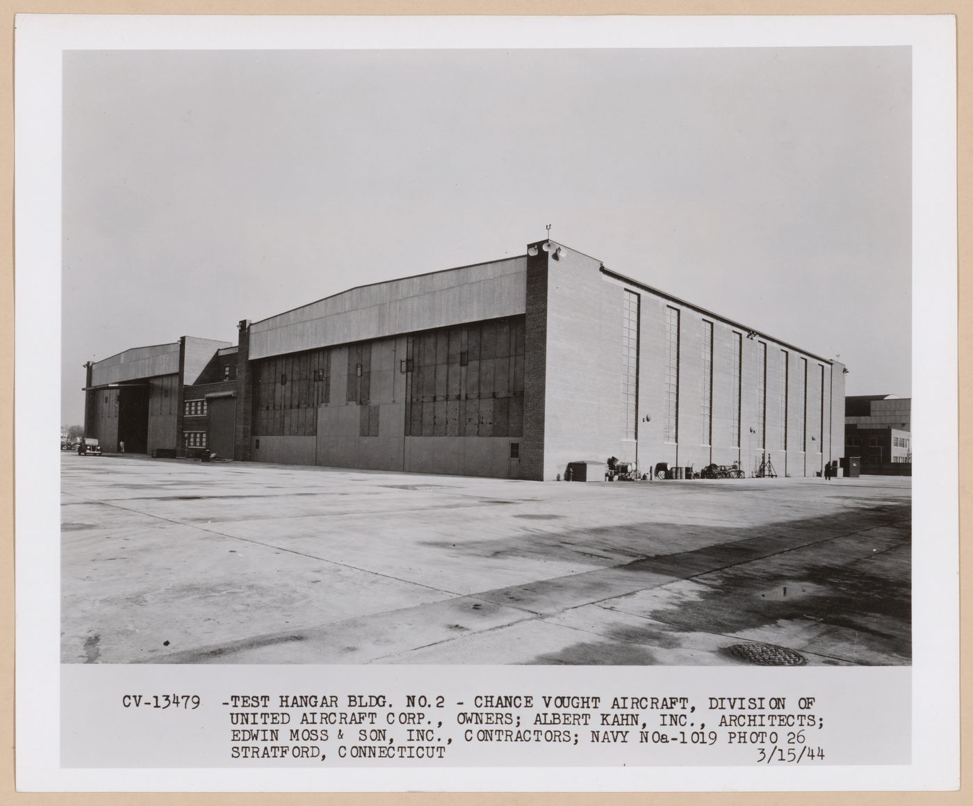 View of the principal and lateral façades of Hangar No. 2, United Aircraft Corporation Chance-Vought Airplane division Assembly Plant, Stratford, Connecticut