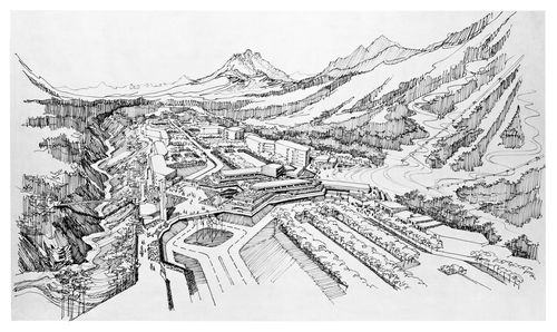 Village Lake Louise, Banff National Park, Alberta: aerial perspective of site