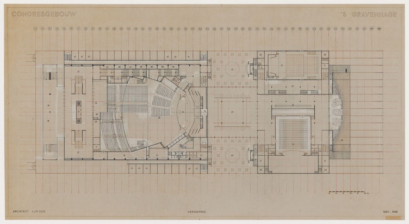 First floor plan for the Congress Hall Complex showing an auditorium, The Hague, Netherlands