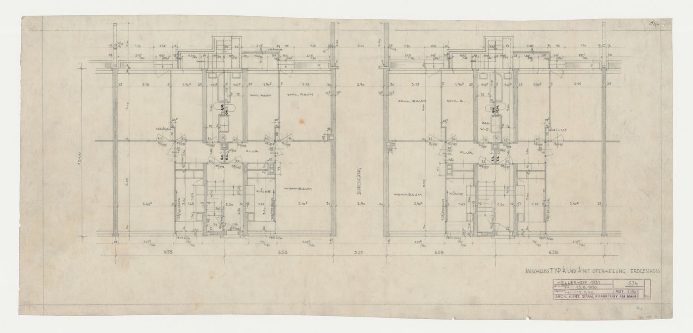 Ground floor plans for a type A annex and a type A annex with oven heating, Hellerhof Housing Estate, Frankfurt am Main, Germany