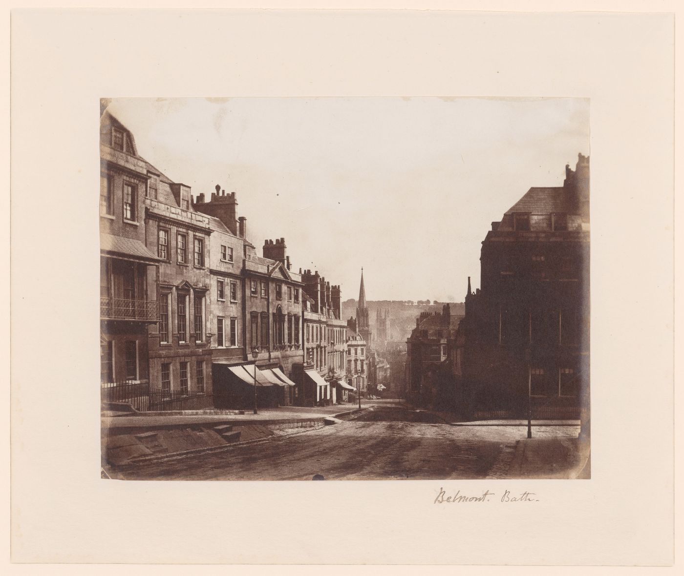 General view of streets and houses, with Bath Abbey and another church in the background, Bath, England