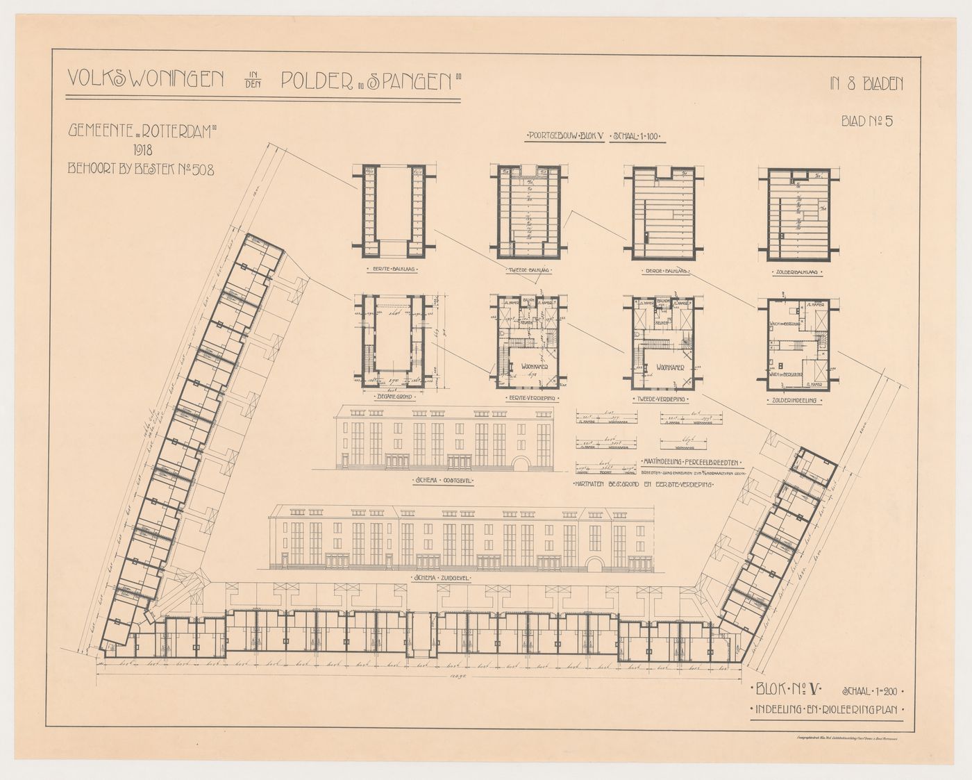 Plans, framing plans, and partial elevations for Block 5, Spangen Housing Estate, Rotterdam, Netherlands