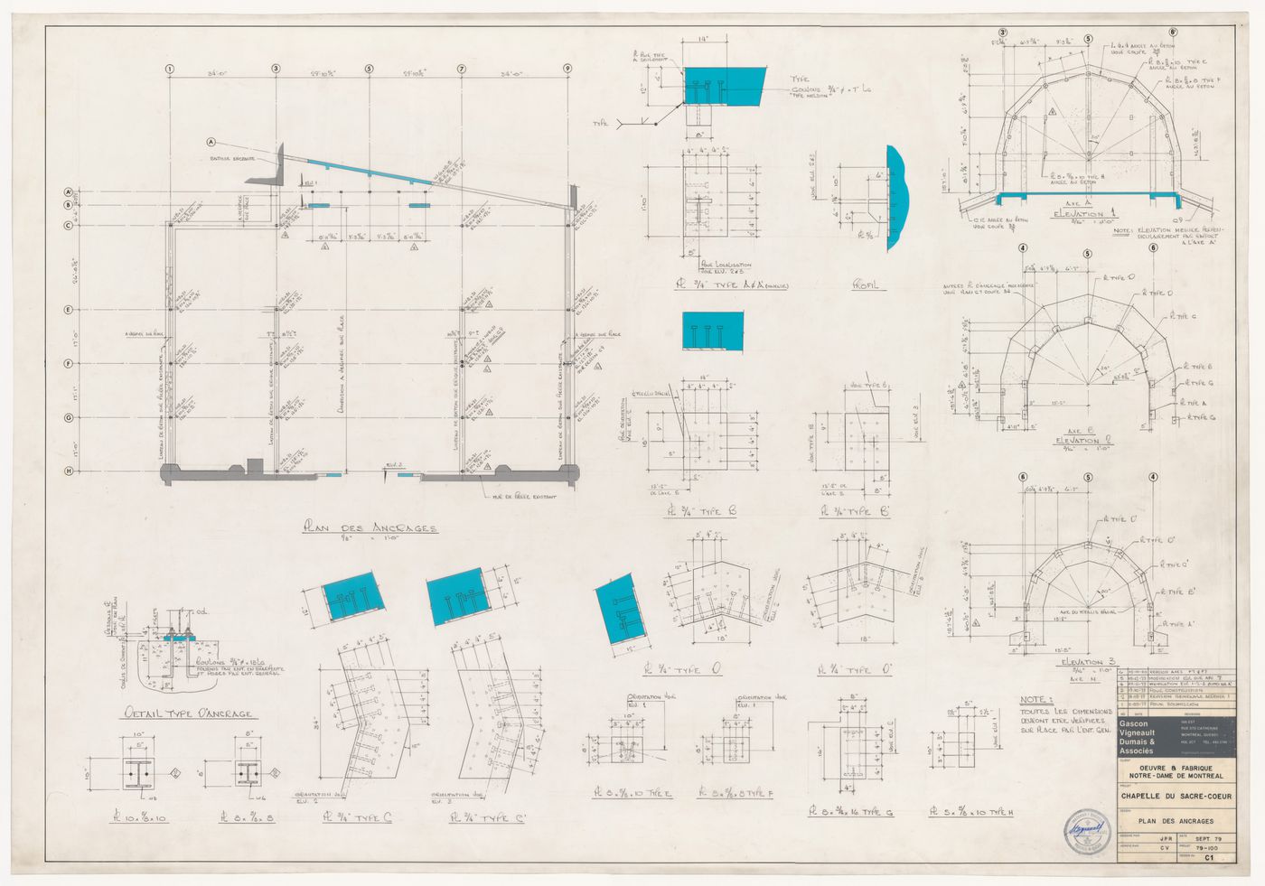 Plans and elevations for anchoring for the reconstruction of the Chapelle du Sacré-Coeur, Notre-Dame de Montréal