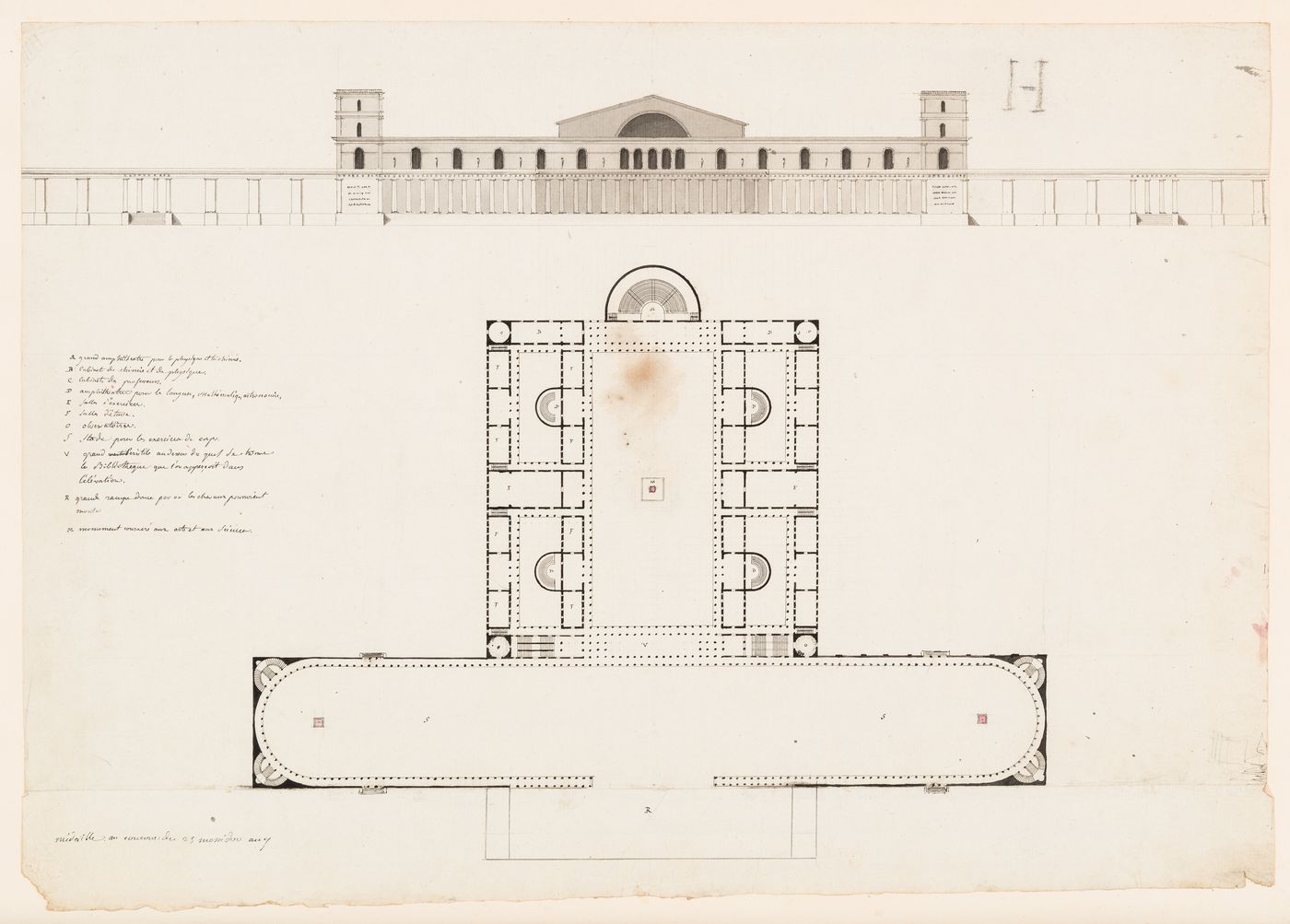 Plan and elevation for a market; verso: Concours d'émulation, June 1801: Plan and elevation for a school or college