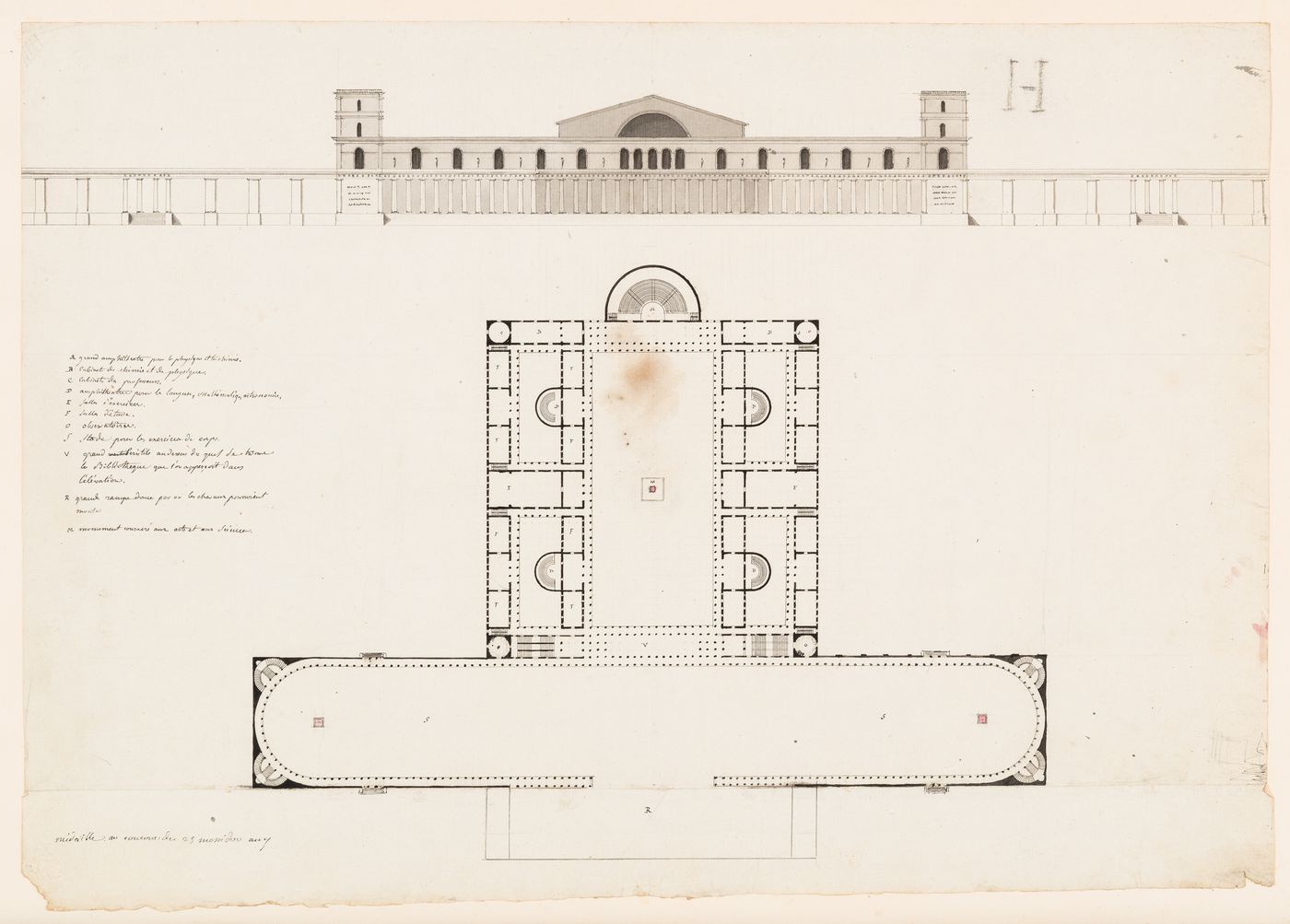 Plan and elevation for a market; verso: Concours d'émulation, June 1801: Plan and elevation for a school or college
