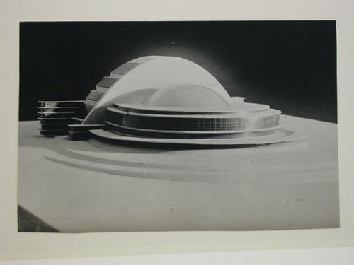 Photograph of a cardboard [?] model for the first round of competition for a "synthetic theater" in Sverdlovsk, Soviet Union (now Ekaterinburg, Russia)