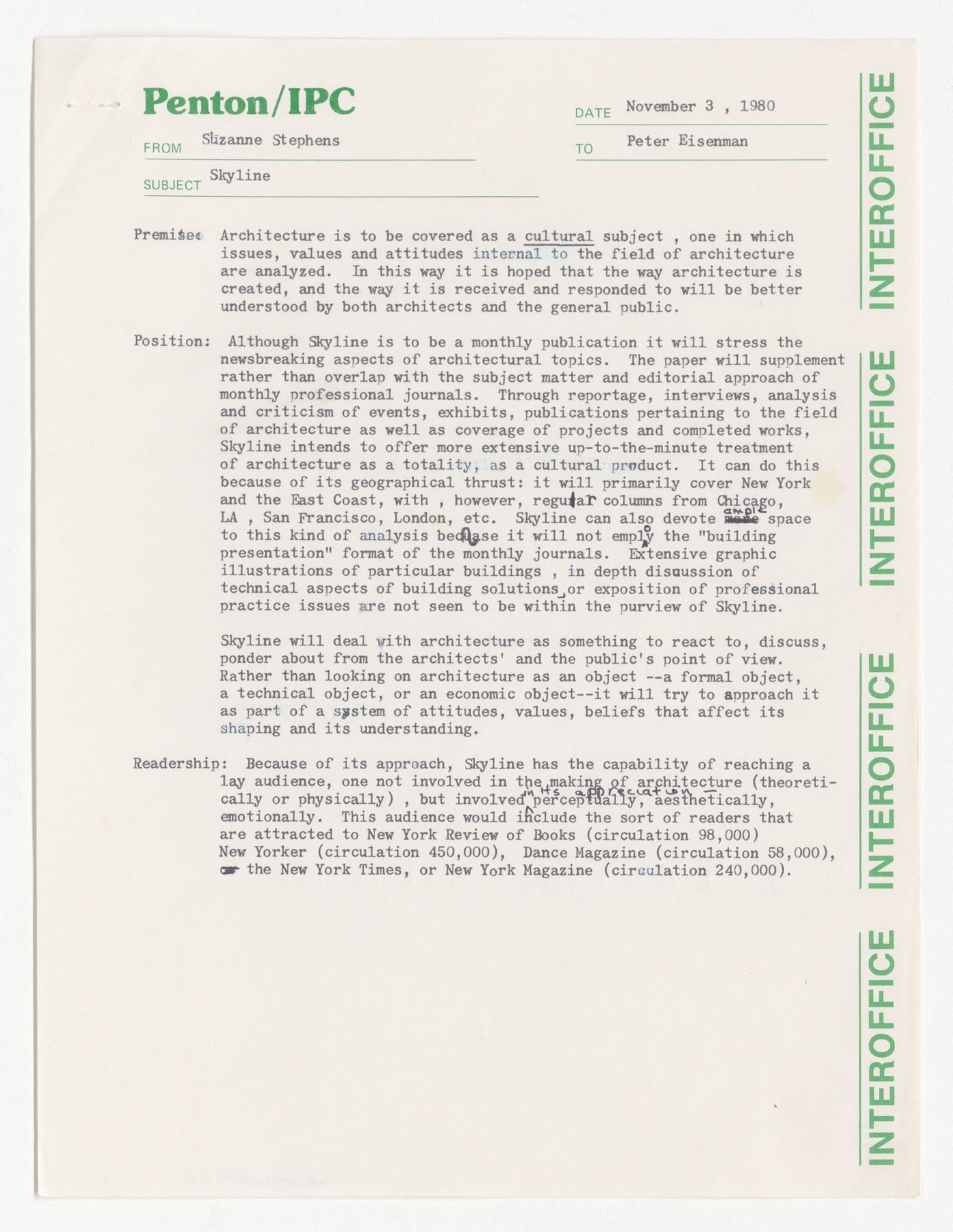 Memorandum from Suzanne Stephens to Peter D. Eisenman about editorial direction of Skyline