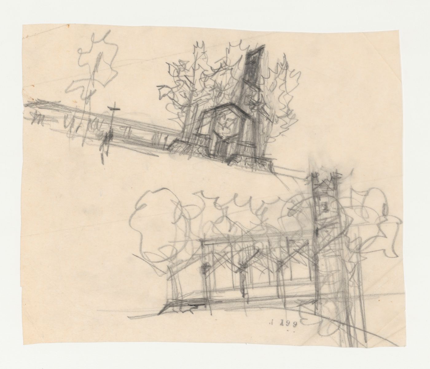 Wayfarers' Chapel, Palos Verdes, California: Two conceptual sketches for exterior elevations