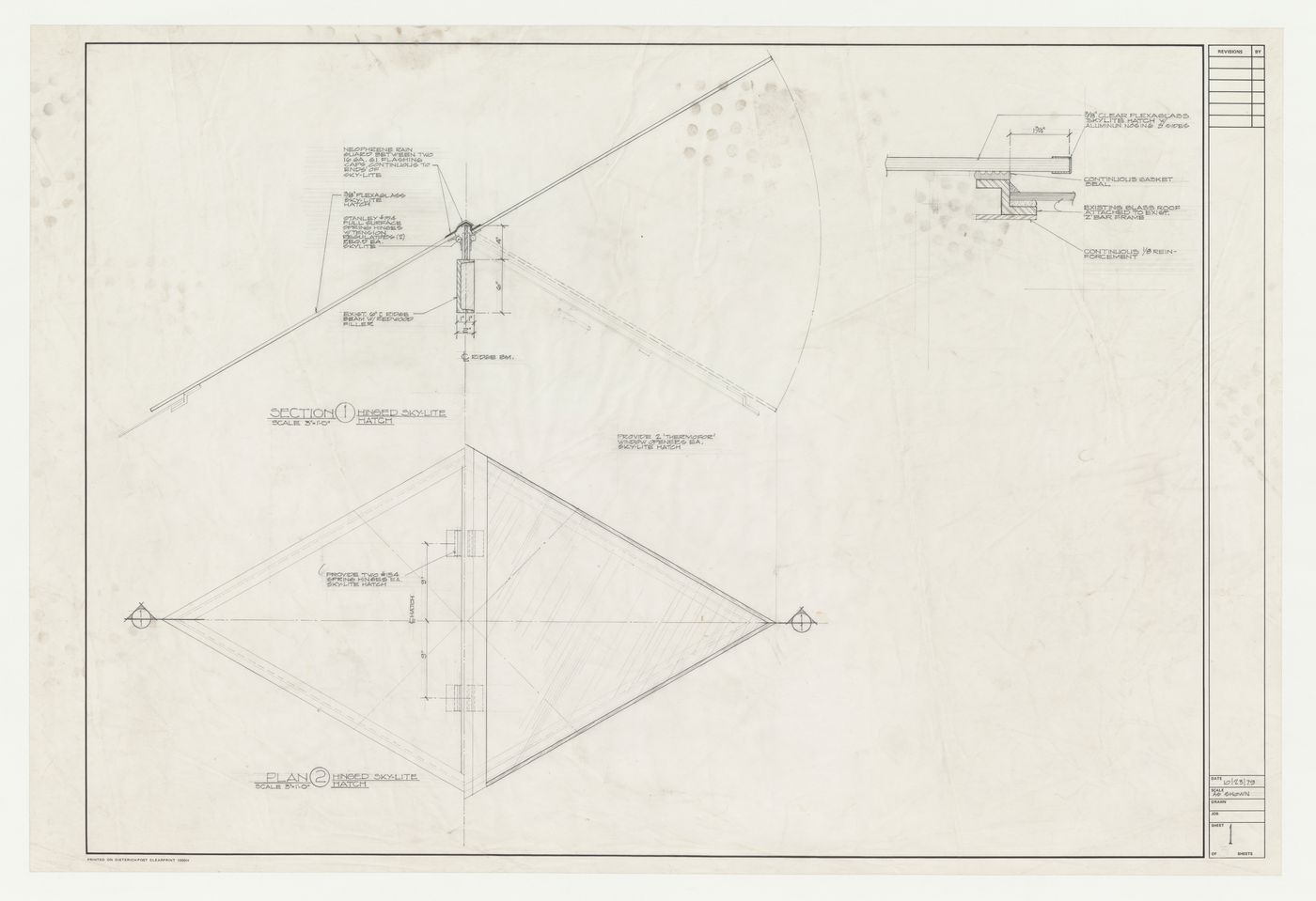 Wayfarers' Chapel, Palos Verdes, California [?]: Section, plan and detail for hinged skylight hatch, possibly an addition to the chapel