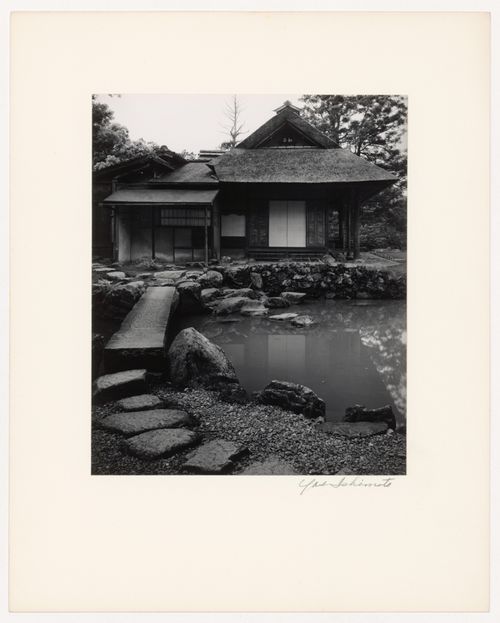 View of the northeast elevation of the Shokintei showing the entrances to the tea-ceremony room and the Second Room with the Shirakawa Stone Bridge in the foreground, Katsura Rikyu (also known as Katsura Imperial Villa), Kyoto, Japan