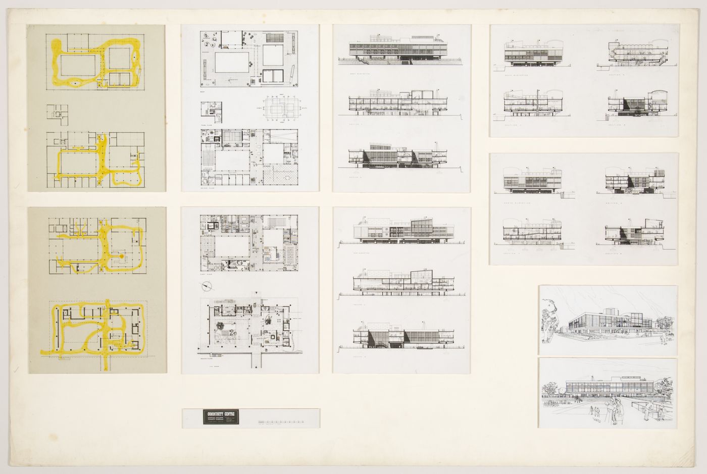 Town centre and community centre, Newton Aycliffe, England (thesis, Liverpool School of Architecture): plans and views of plans, elevations, sections and perspectives