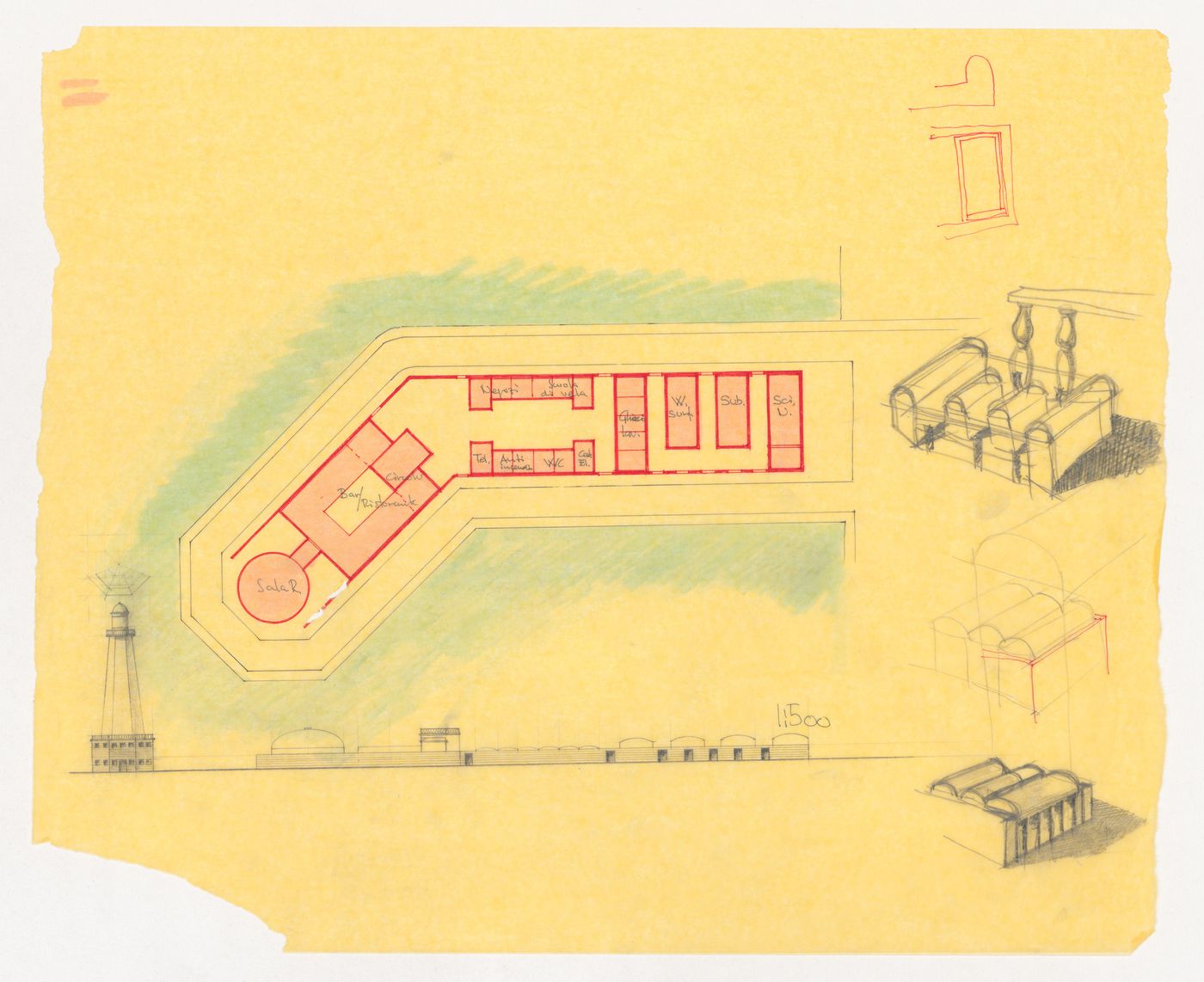 Unidentified plan and elevation with sketches