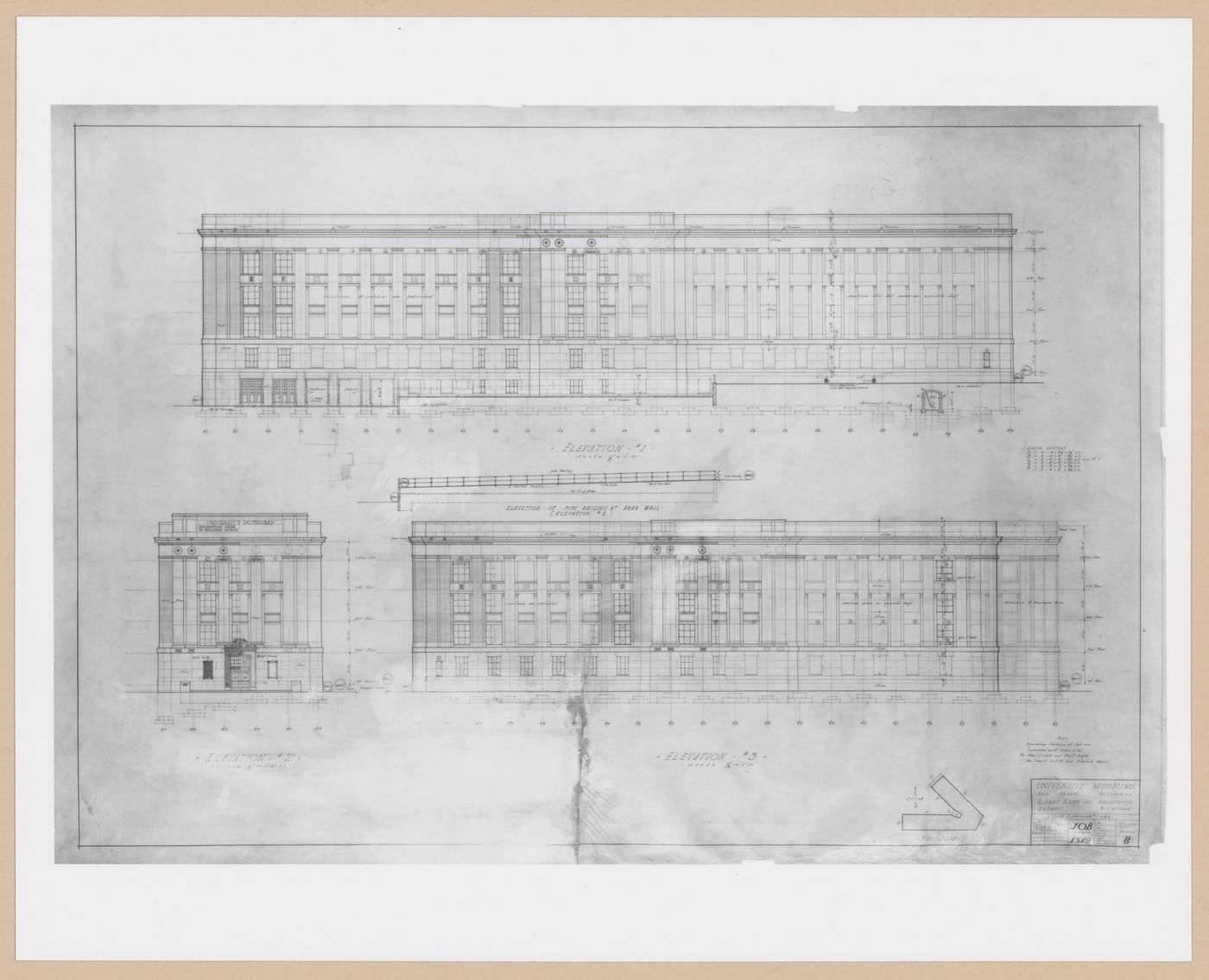 Photograph of elevations for the Alexander G. Ruthven Museums Building, North University Avenue, University of Michigan, Ann Arbor, Michigan