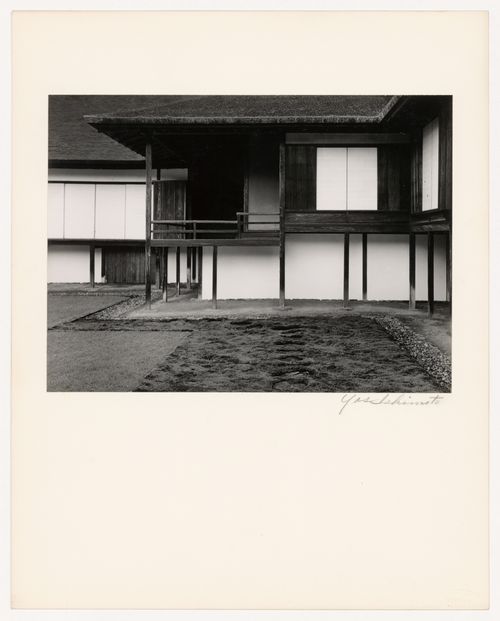 Partial view of the southeast side of the Music Room showing the veranda of the Music Room with the New Palace (also known as the New Goten) in the background, Katsura Rikyu (also known as Katsura Imperial Villa), Kyoto, Japan