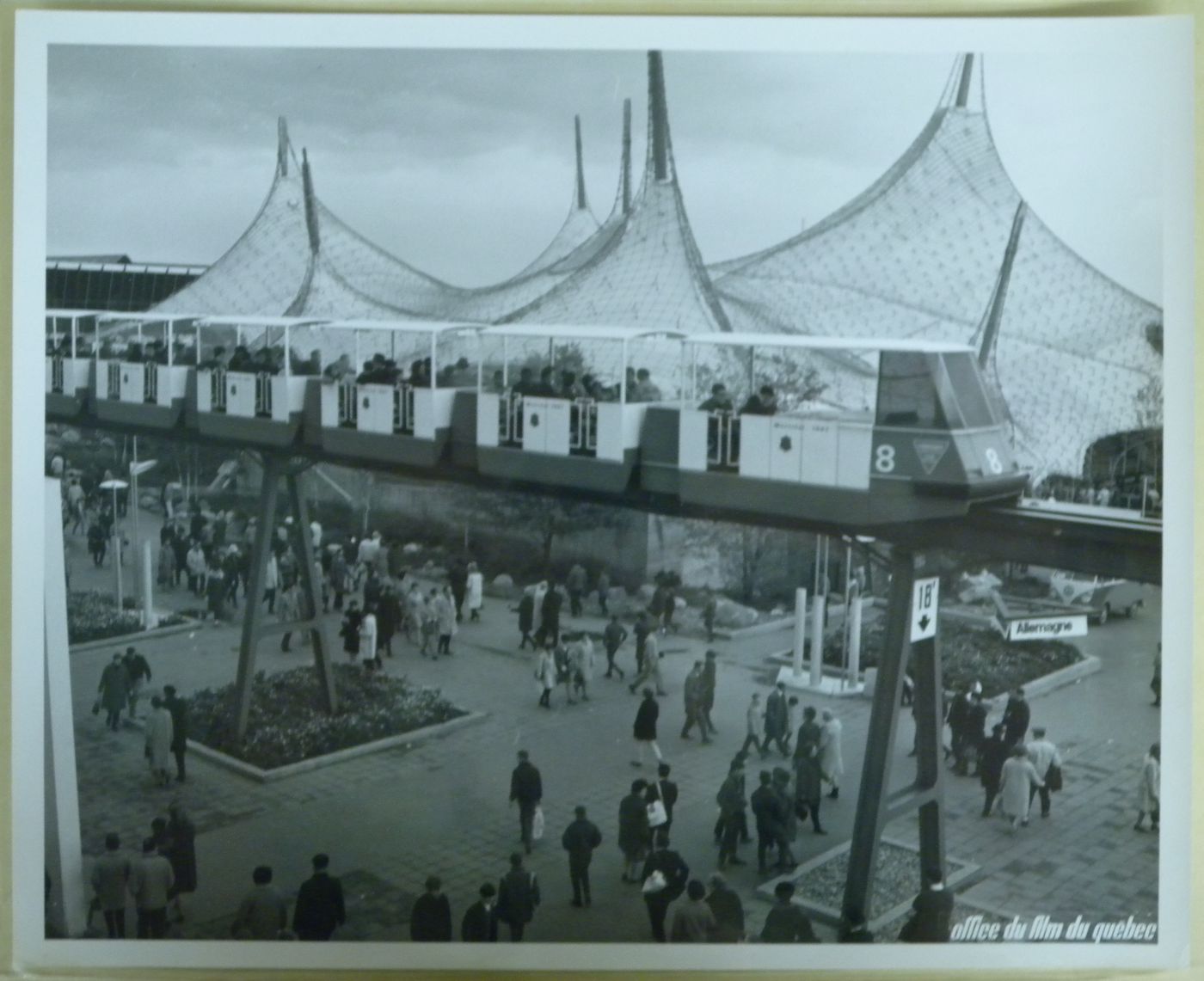 View of the minirail with the German Pavilion as background, Expo 67, Montréal, Québec