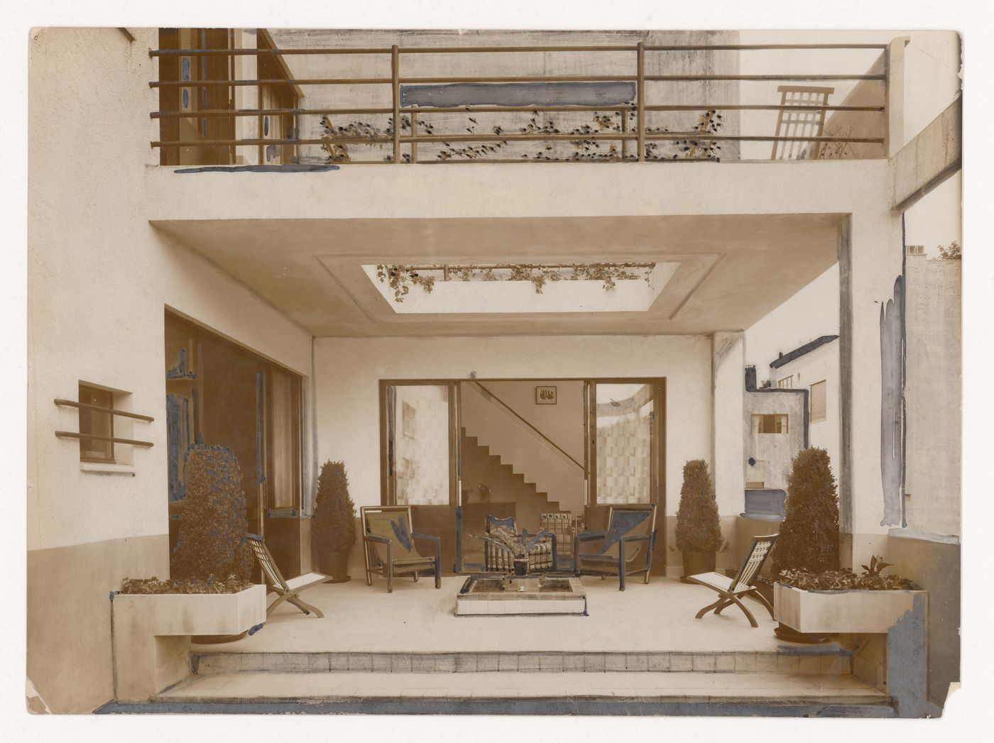 Exterior view of terrace in the Mallet-Stevens hôtel particulier, Mallet-Stevens road in the 16th arrondissement, Paris, France
