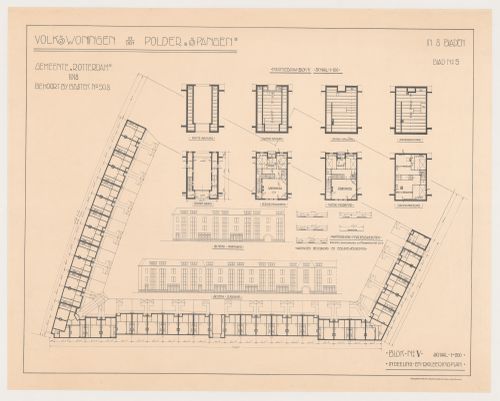 Plans, framing plans, and partial elevations for Block 5, Spangen Housing Estate, Rotterdam, Netherlands