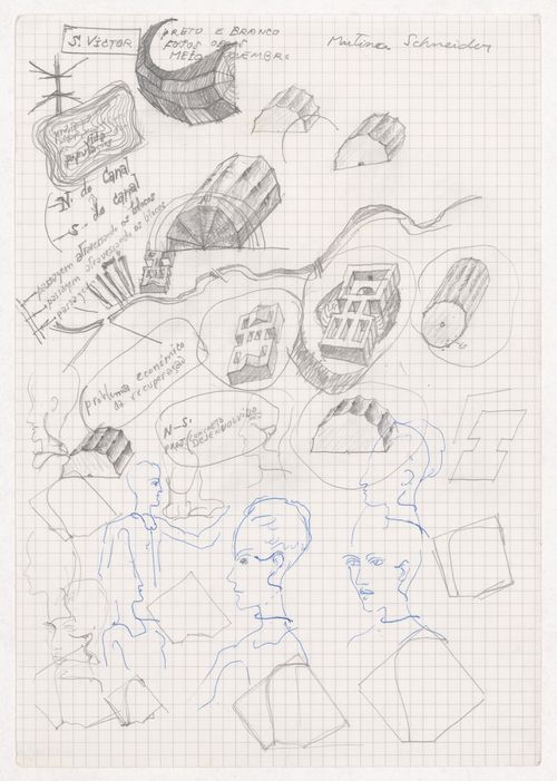 Sketch axonometric views, spur gear forms, and people with notes for Blocke 70 und 89, Kreuzberg, Fränkelufer, Berlin, Germany