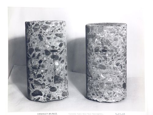 Studio view of concrete cores from main carriageway of the Swanley Bypass, England
