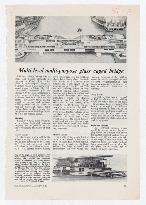 "Multi-level-multi-purpose glass caged bridge", Building Materials (January 1964), clipping from Fun Palace documentation