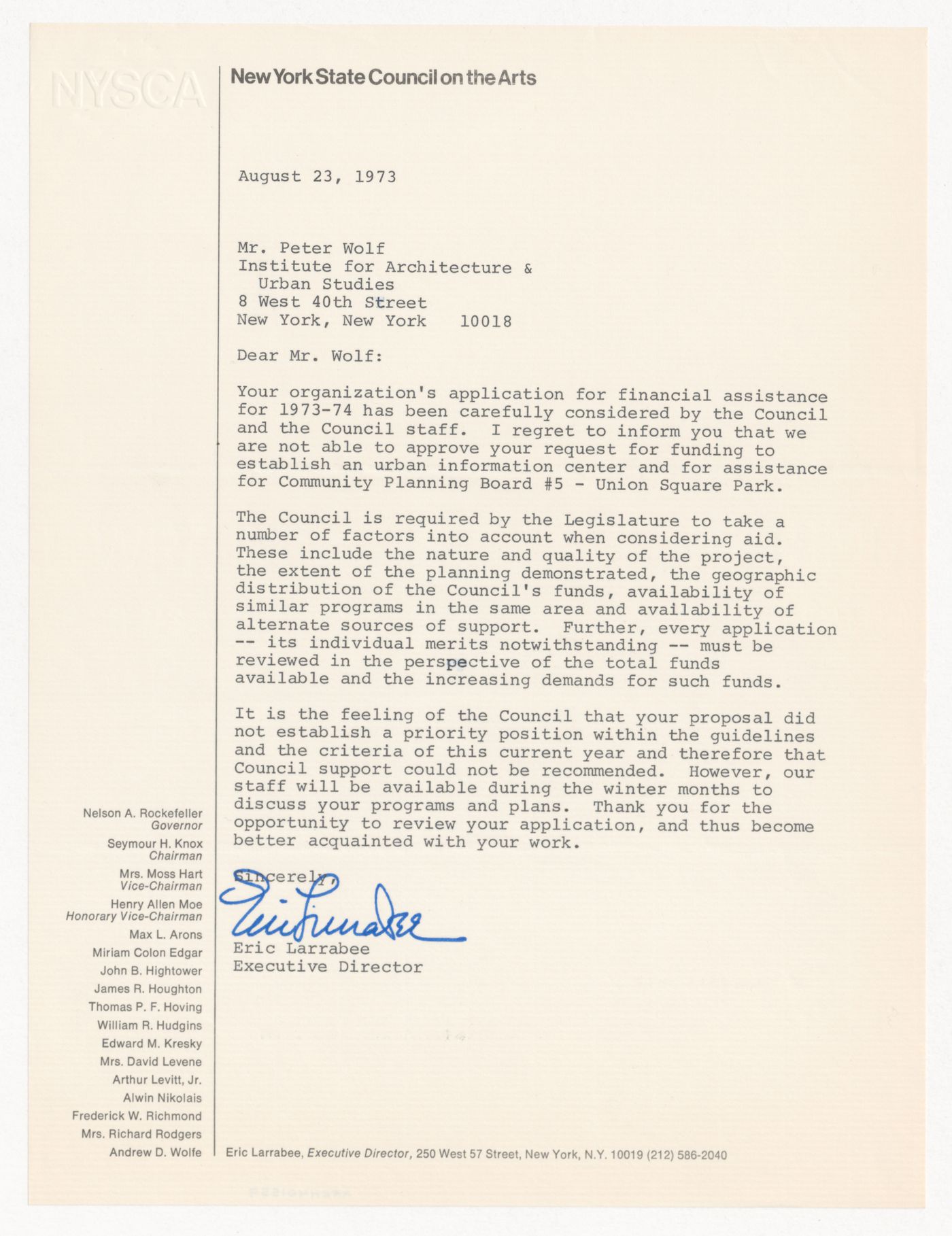 Letter from Eric Larrabee to Peter Wolf about IAUS request for financial support from the New York State Council on the Arts (NYSCA)