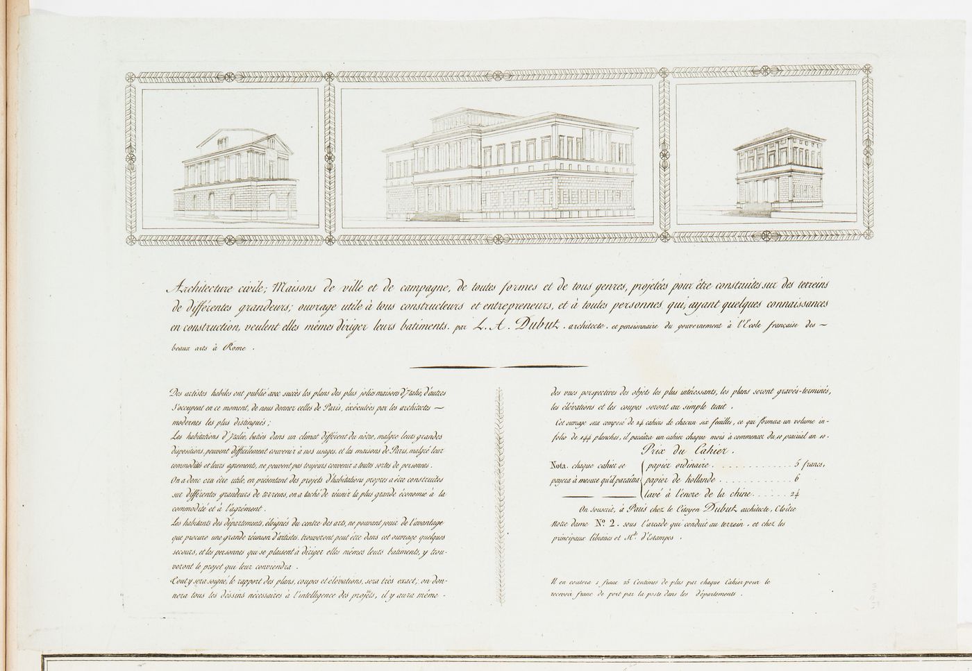 Advertising flyer for "Architecture civile: maisons de ville et de campagne", a book of plates by Louis Ambroise Dubut