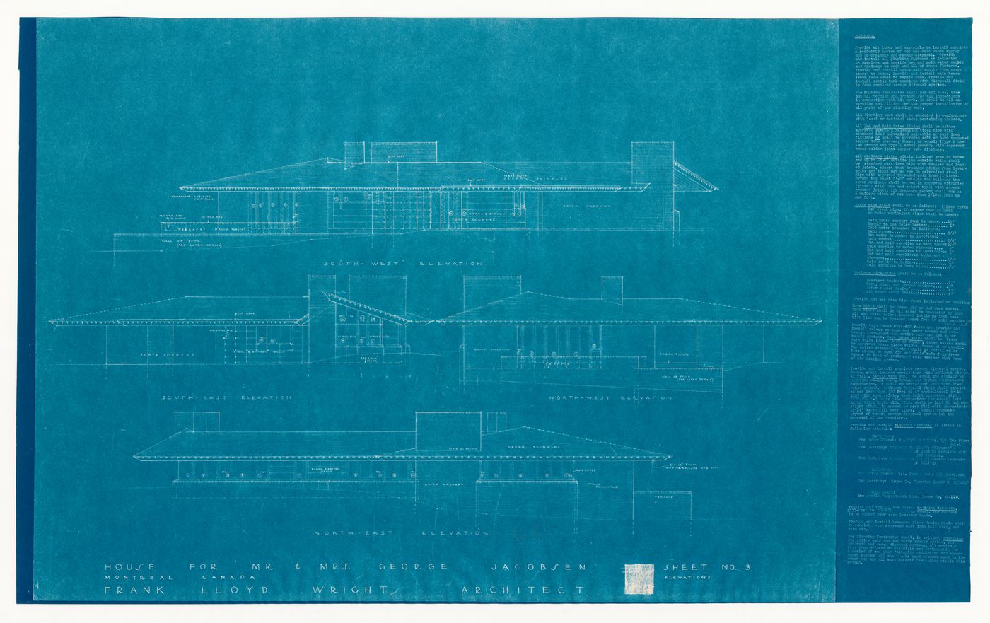 Southwest, southeast, northwest and northeast elevations with specifications for the 1950 design for the Mr. & Mrs. George Jacobsen House, Hudson, Québec