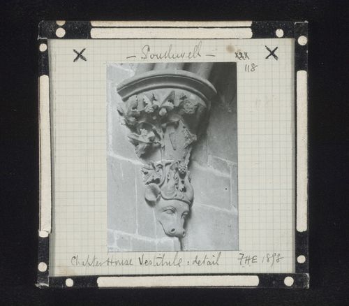 View of corbel with bull's head, vine leaves and grapes in vestibule of Chapter House, Southwell Minster, Southwell, Nottinghamshire, England