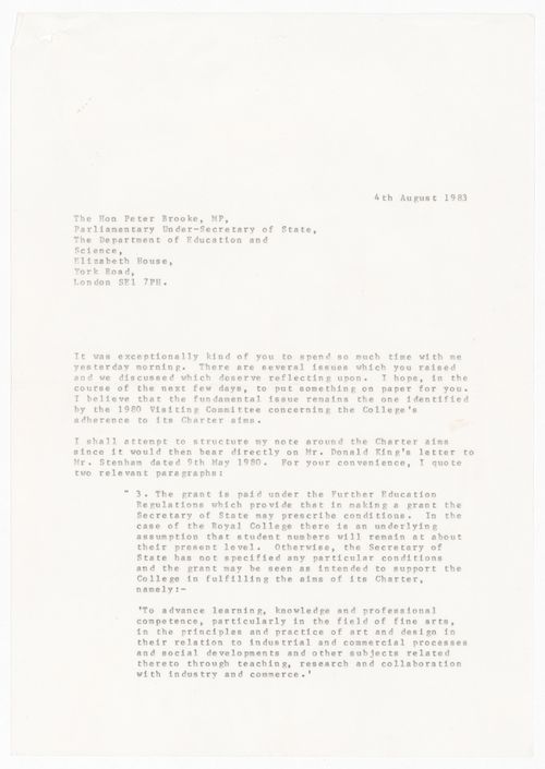 Correspondence from Lionel March to Peter Brooke regarding resignation from the Royal College of Art, London