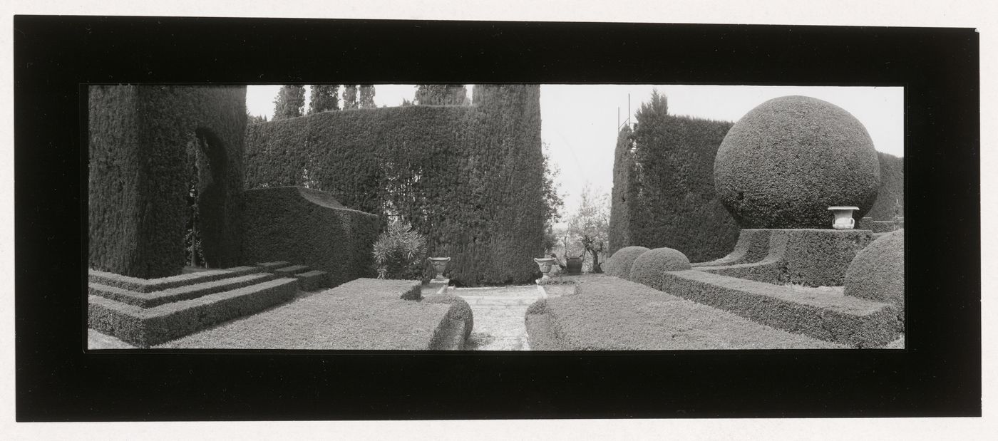 View of the Gamberaia gardens showing topiary and urns, Settignano, Florence, Italy