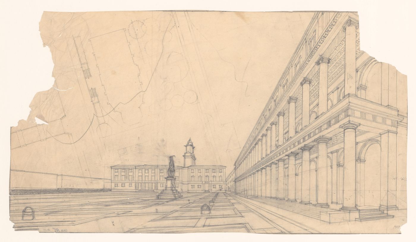 Sketch Perspective for the 1918-1925 design for Gustav Adolfs torg [square] looking west and a sketch site plan of the Christina Church, Göteborg, Sweden