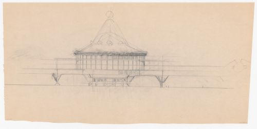Elevation and sketch plan for Café Viaduct for the reconstruction of the Hofplein (city centre), Rotterdam, Netherlands