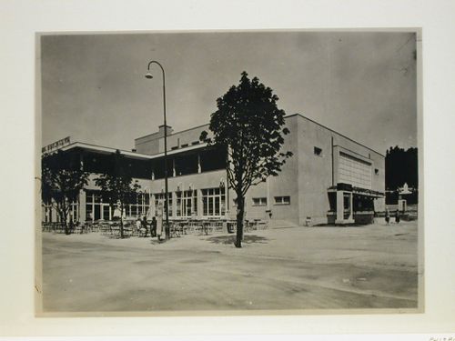View of a cinema theater and café, Brno, Czechoslovakia (now Czech Republic)