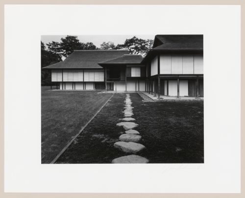 View of the New Palace (also known as the New Goten), the Music Room and the Middle Shoin showing stepping-stones in the foreground, Katsura Rikyu (also known as Katsura Imperial Villa), Kyoto, Japan