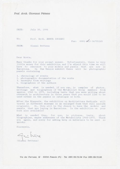 Correspondence to Arata Isozaki regarding the exhibition Radicals. Architecttura e Design 1960-1975