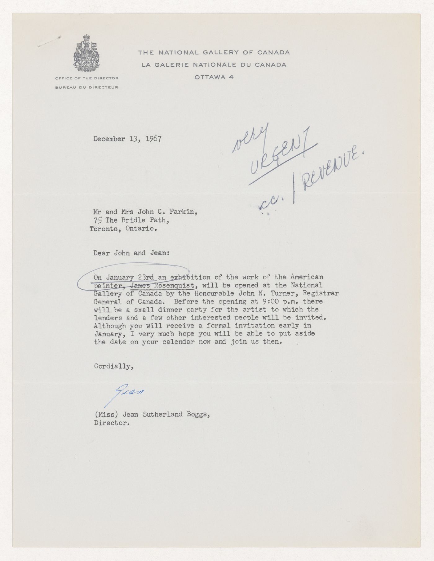 Correspondence between National Gallery of Canada director Joan Sutherland Boggs and Parkin about invitation to dinner party for artist James Rosenquist