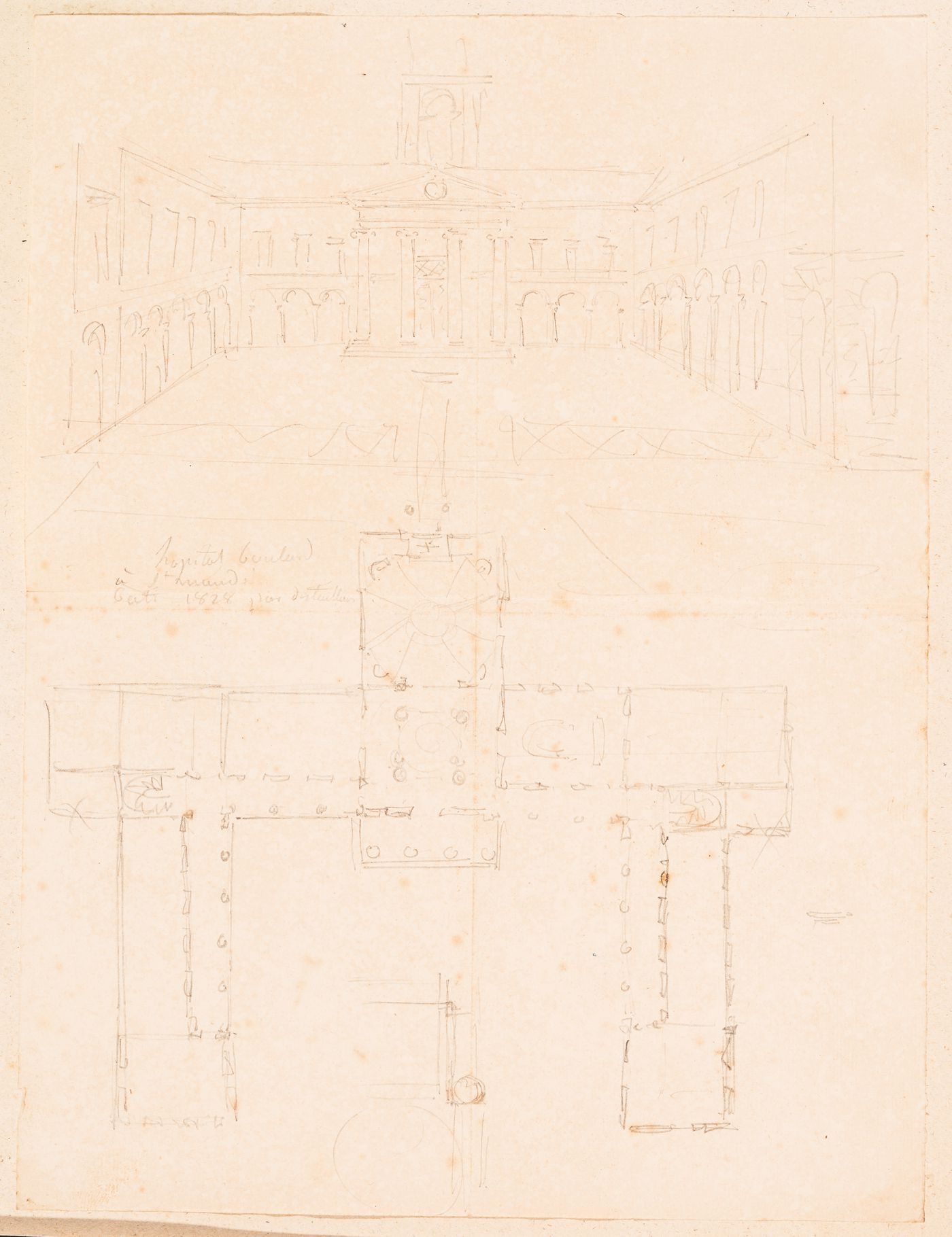 Perspective drawing and plan of an unidentified hospital