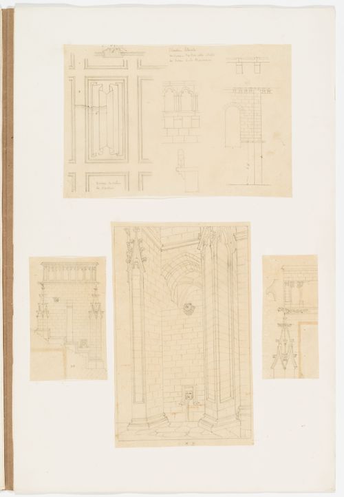 Drawings of architectural elements and ornament including details of linenfold panels, elevations showing window arrangements, probably for churches, and elevations and an axonometric [?] drawing showing the arrangement of buttresses and pinnacles