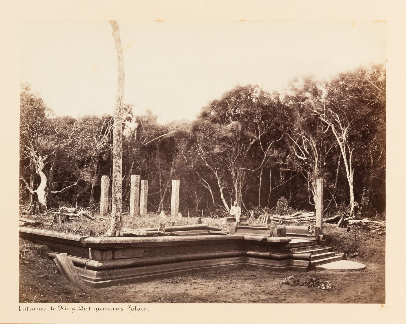 View of a pavilion and moonstone, King Mahasen's Palace, Anuradhapura, Ceylon (now Sri Lanka)