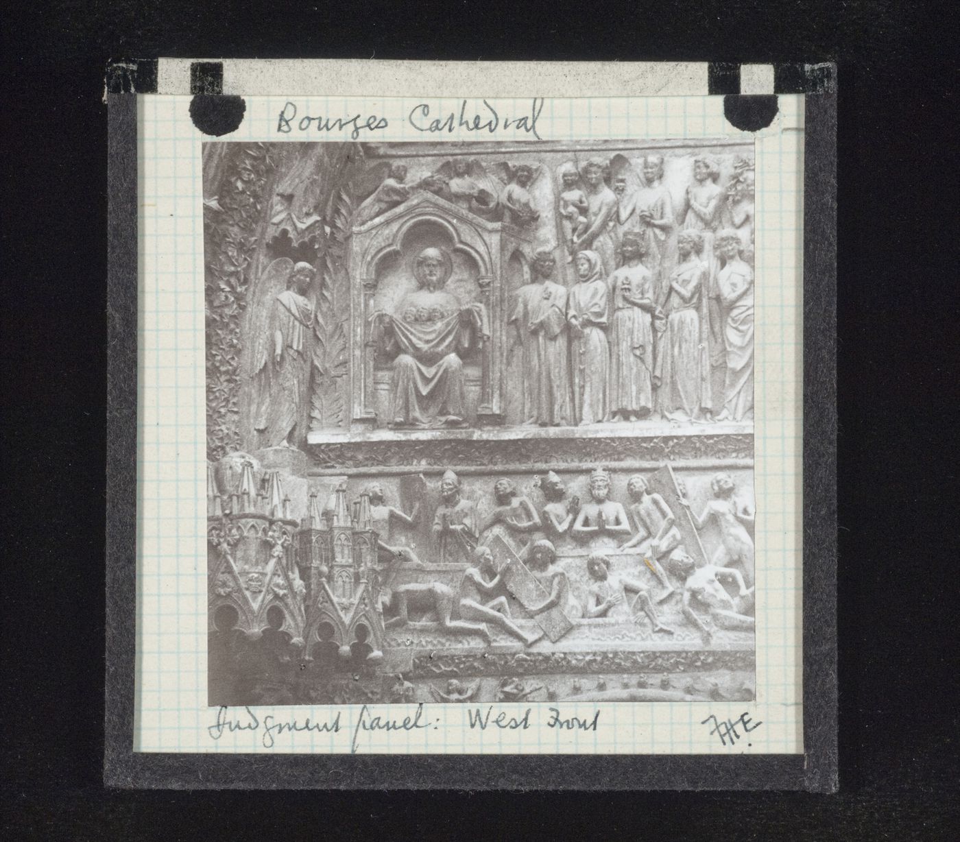 Detail view of Judgment Day panels of west portal of Cathédrale Saint-Etienne de Bourges, Bourges, France