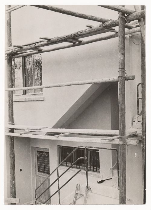 View of building with scaffolding, photograph made as study for documentary film with working title 'Bauen' (To Build), Spendlingen, Germany