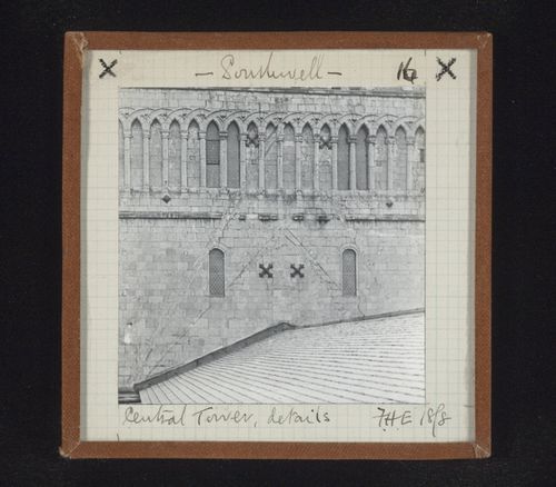 Exterior detail view of central tower of Southwell Minster, Southwell, Nottinghamshire, England