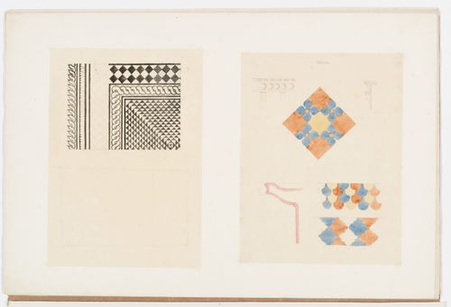 Ornament drawing of a geometric mosaic pattern, probably floor tiles; Elevation, profiles, and details of an entablature decorated with foliage and a geometric pattern, Verona