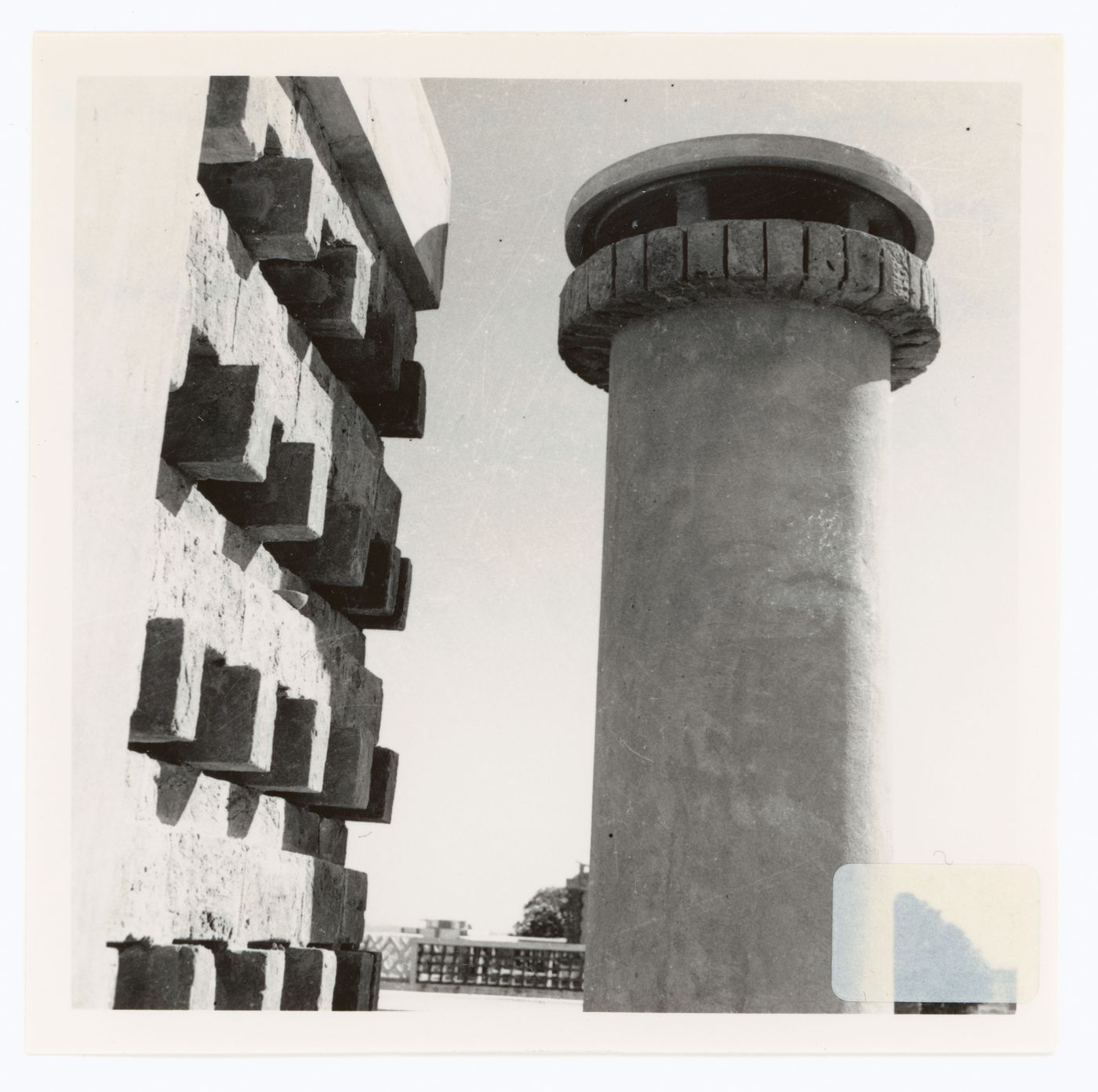 Detail view of a chimney and jali, possibly in Chandigarh, India