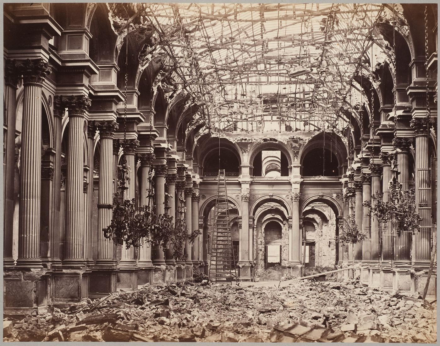 View of the destruction to Hôtel de Ville Galerie des Fêtes interior after the Paris Commune, Paris, France