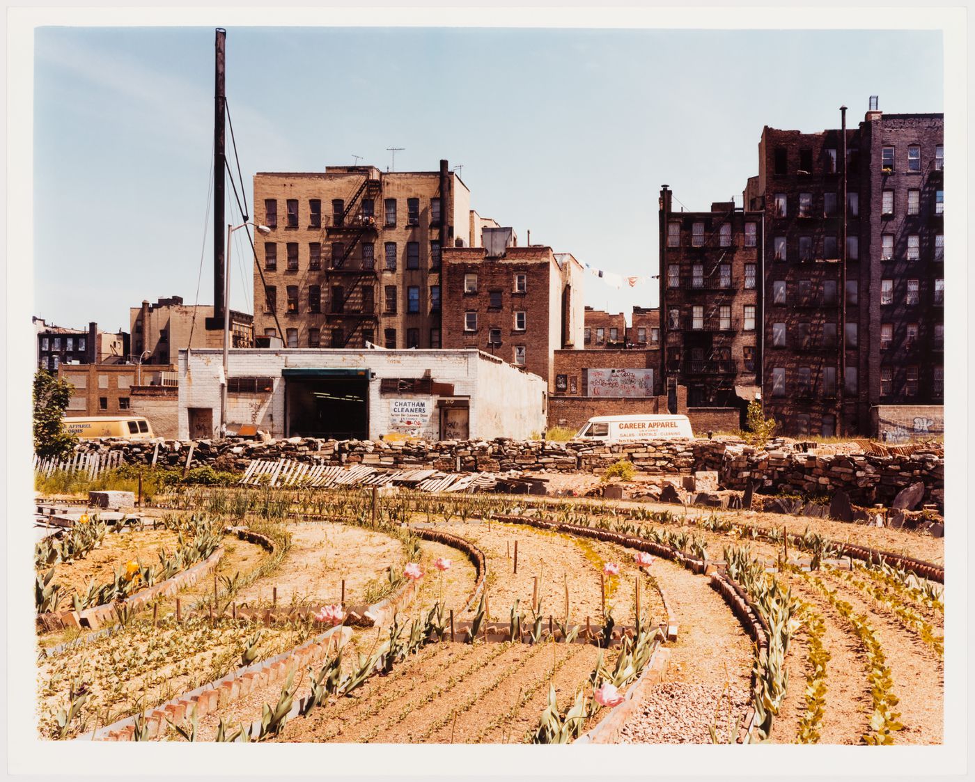 Eldridge Street, Adam Purple's circular "Garden of Eden" (demolished in 1986) in foreground, New York City, New York