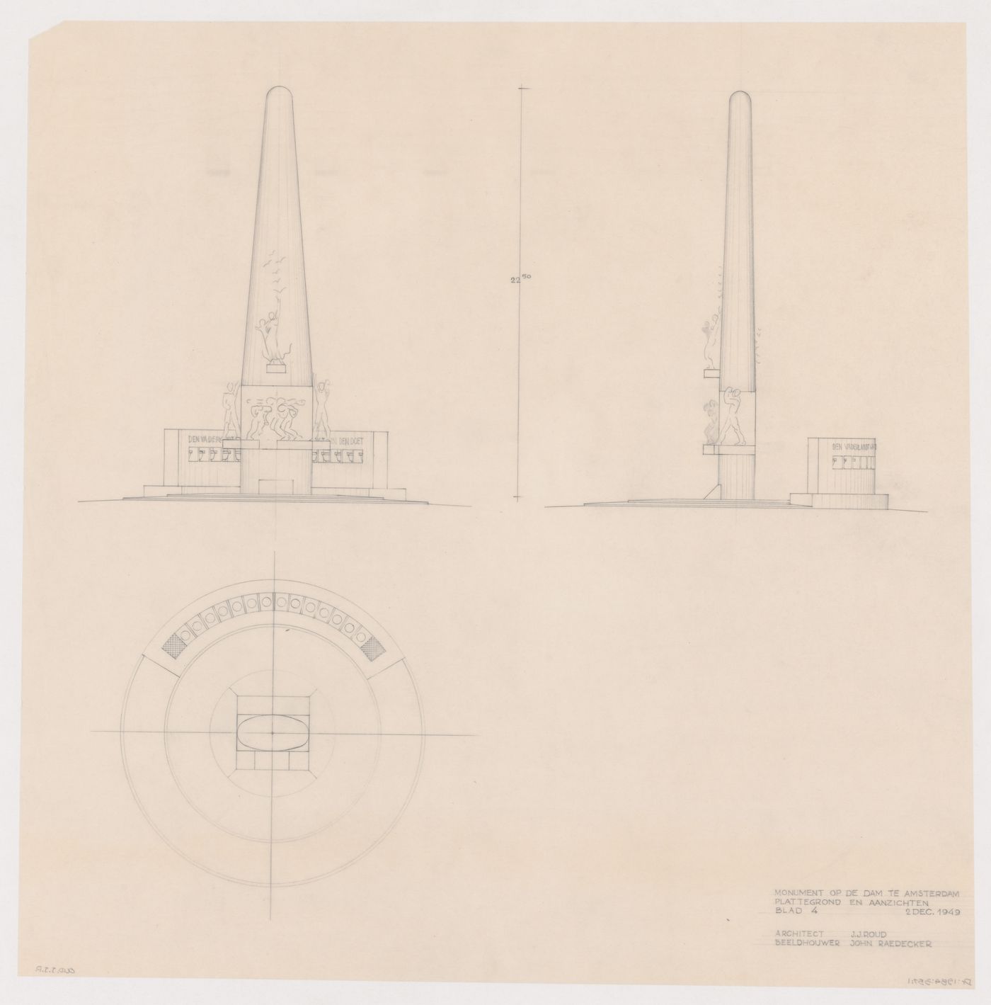 Elevations and plan for the National Monument showing sculptures by Johannes Anton Rädecker and Johan Rädecker, Dam Square, Amsterdam, Netherlands