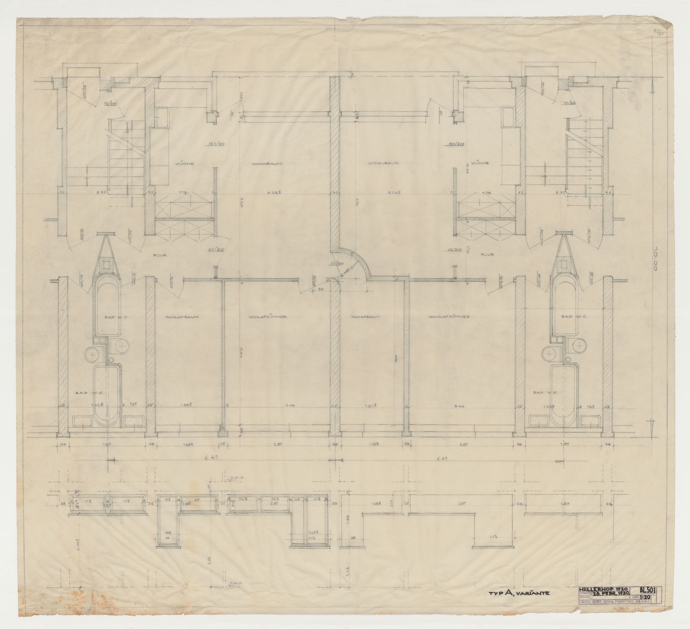 Ground floor plan and elevation for windows for a type A housing unit, Hellerhof Housing Estate, Frankfurt am Main, Germany