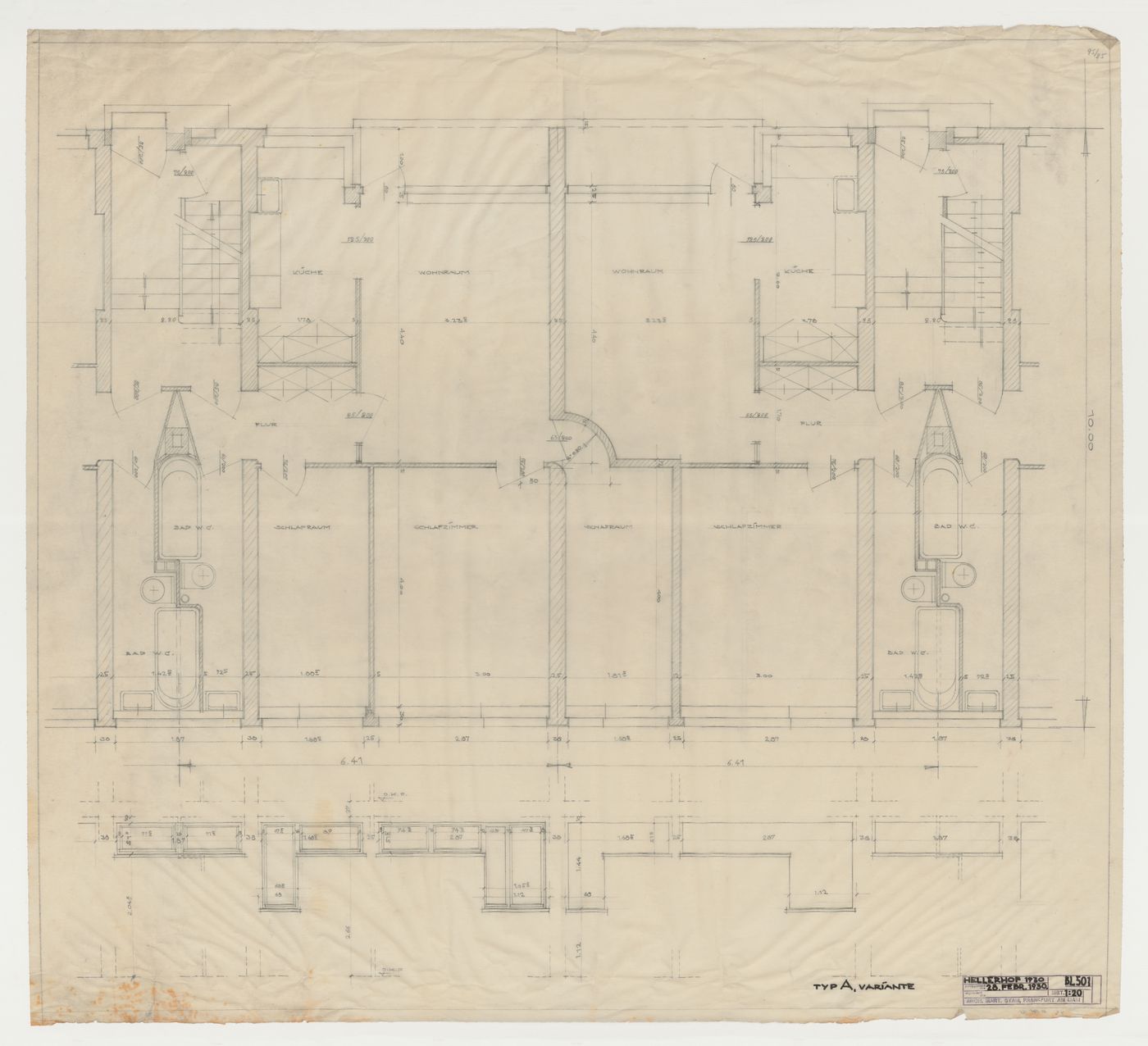 Ground floor plan and elevation for windows for a type A housing unit, Hellerhof Housing Estate, Frankfurt am Main, Germany