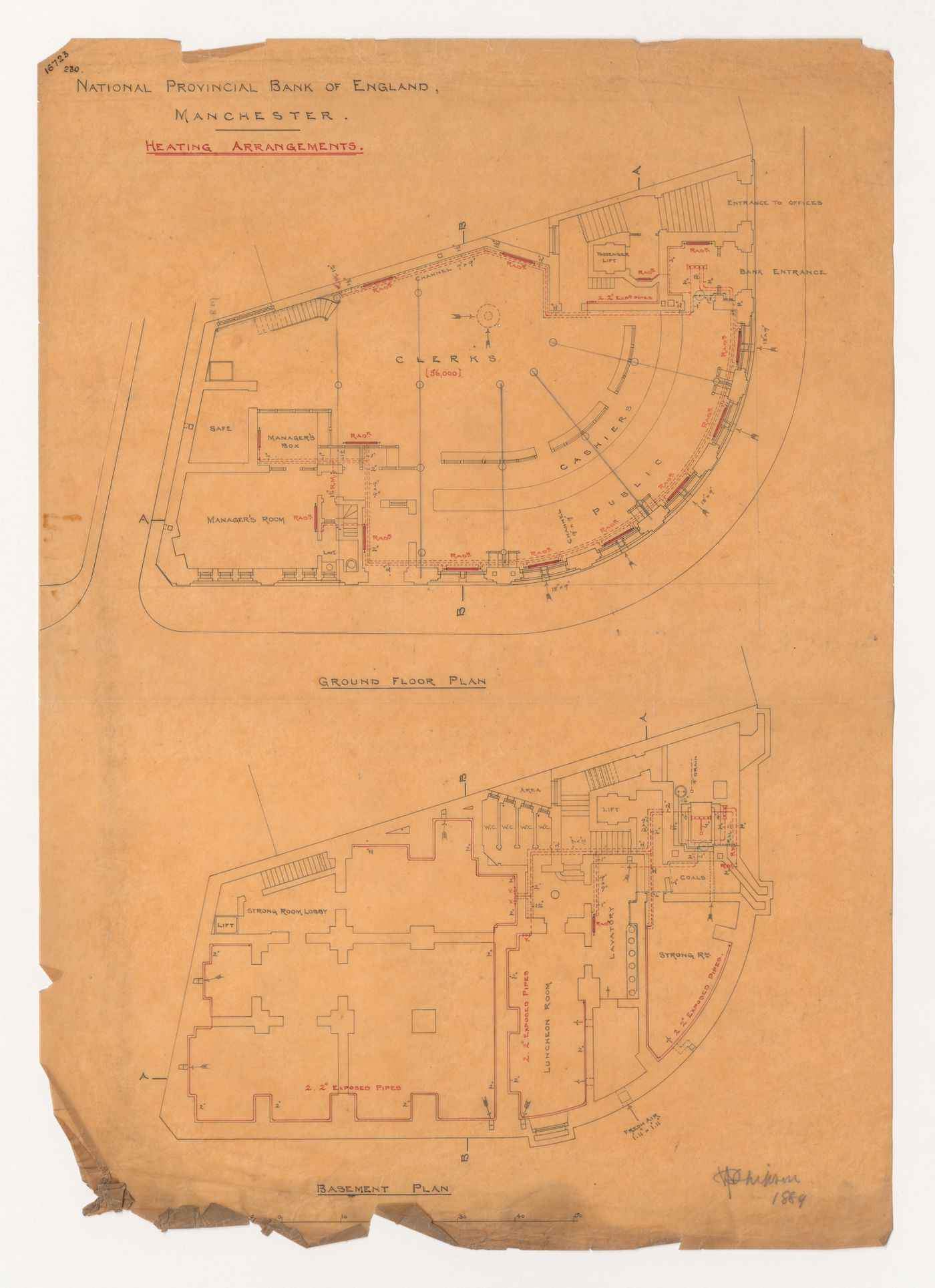National Provincial Bank of England, Manchester: Ground floor and basement plans of heating arrangements